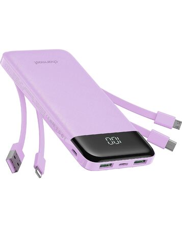 Charmast Power Bank 10000mAh з 4 кабелями (USB-C, Lightning, Micro USB) – портативний акумулятор для iPhone, Samsung, iPad, AirPods (Фіолетовий)