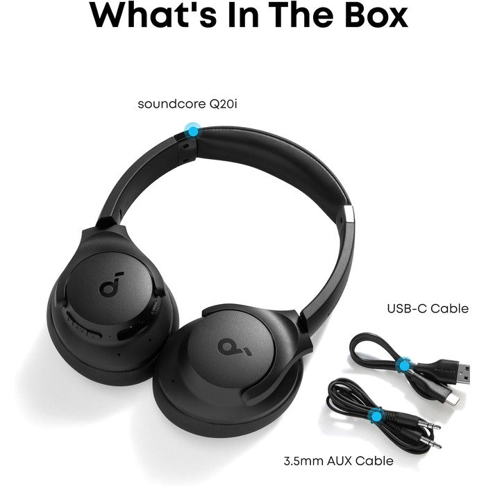 Бездротові Bluetooth-навушники Soundcore by Anker Q20i з гібридним активним шумозаглушенням (ANC), Hi-Res Audio, 40 годин роботи, керування через додаток, чорні (Відновлені)