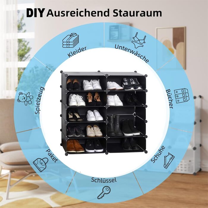 WOLTU Shoe Box, Shoe Storage, Set of 10, Stackable Design, for 20 Pairs, with Door, Hooks, 40x30x170 cm, White (47 x 35 x 170 cm, Black)