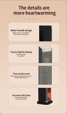 Електрична теплова гармата з пультом керування 2000W, 23 дюйми, 70° осциляція, 3D-полум'я, LED-дисплей, ECO-режим, таймер 12 годин - для дому, колір сріблястий