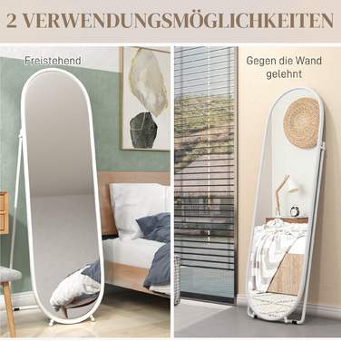 HOMCOM Full Length Mirror, 160 x 40 cm Wall Mirror with Stand, Metal Frame, Oval Standing Mirror for Living Room, Bedroom, White | Aosom