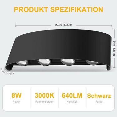 LED настінний світильник Oraymin 2 шт. IP65, 6W, 6 джерел світла, 3000K, для дому та вулиці, з алюмінію, тепле світло (Чорний, 8 джерел світла, 4 шт.)