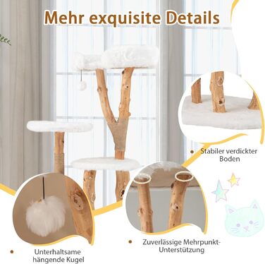 Дерев'яний кігтеточка для котів SOARS з 3-ма природними стовбурами, ліжко для котів та плюшеві поверхні, кігтеточка з іграшковим м'ячиком та джутовим мотузком, багатоповерхова, 59 x 49 x 110 см, білий колір
