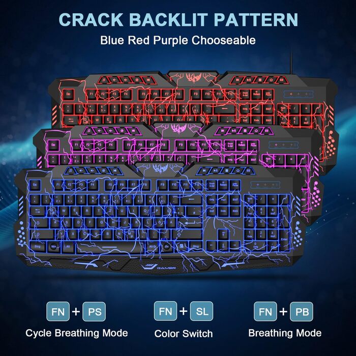 Ігровий набір клавіатури та миші: 114 клавіші QWERTZ DE, LED підсвічування, ергономічна миша з 4 кольорами, великий килимок, USB для PC/PS5/Xbox