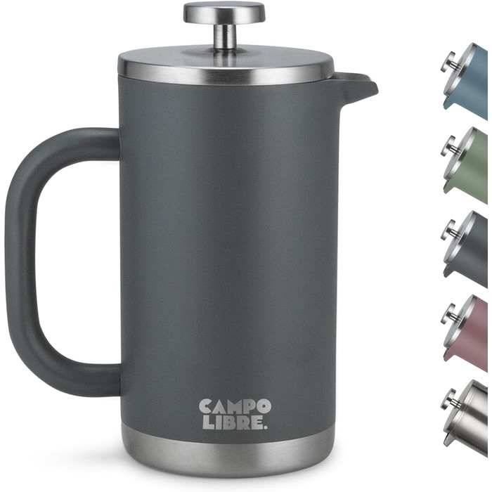 Campo Libre.® Giorgio. French Press Coffee Maker made of double-walled stainless steel 0.6l | plastic-free coffee press with thermal function incl. replacement filter | coffee maker | 100% recycled stainless steel 600ml Deep Grey