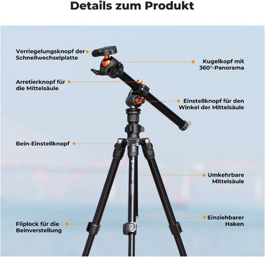 Штатив K&F Concept O234A1: компактний, легкий, для камери та смартфона, 163 см, алюміній