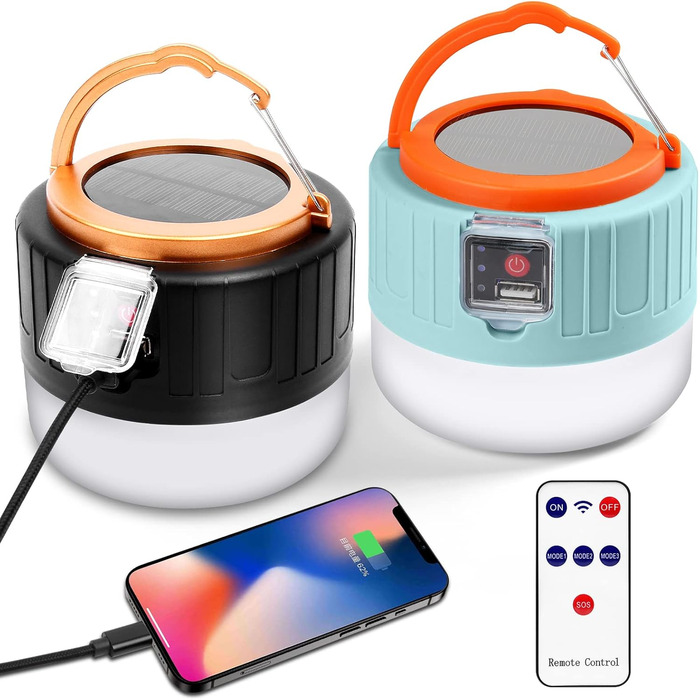 Flintronic 2 Pack Camping Lantern, Solar LED Camping Lantern USB Rechargeable with Remote Control, 5 Brightness Levels SOS Flashing Modes with Power Bank, Emergency Kit for Outdoor Hiking Camping Emergency Outdoors