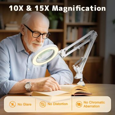 Лампа-лупа Jubor 2-в-1 зі світлом та підставкою, 15x/10x, LED, з кріпленням та основою, 3 режими, регульована яскравість, для хобі, ремонту, майстрів