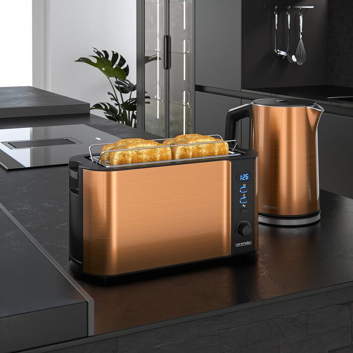 Набір чайник та тостер Arendo з нержавіючої сталі, колір мідний. Чайник: 1,5л, підтримка температури 40-100°C. Тостер: 4 тости, дисплей, 6 рівнів підсмажування, підставка для бургерів.