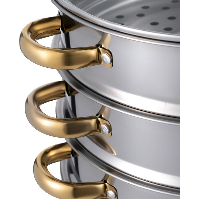 Пароварка з нержавіючої сталі 28 см з 5-шаровою конструкцією та скляною кришкою, для приготування на пару, сумісна з індукцією (золотий, срібний)