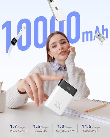 Повербанк VEGER 10000mAh 22.5W з вбудованим кабелем USB-C, швидка зарядка, білий