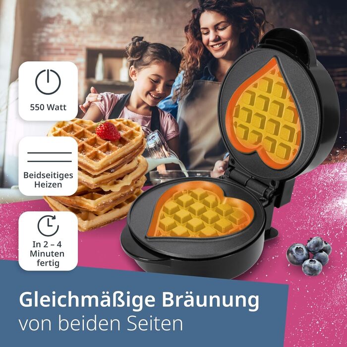 Вафельниця ADE Mini Heart Shape - вафлі у формі серця, 550W, антипригарне покриття, чорний, 2024