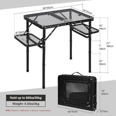 Складний стіл для кемпінгу REDCAMP 60x40 см для пікніка, BBQ, приготування їжі. Легкий, алюмінієвий, з регульованими ніжками, чорний (90x41 см)