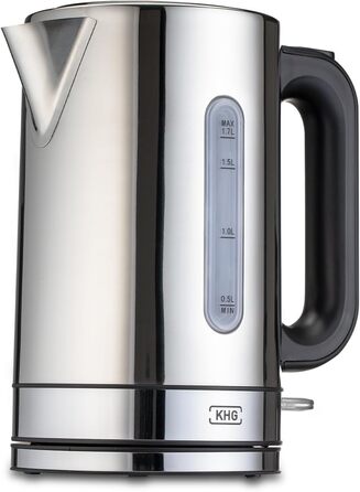 Електричний чайник KHG WK-1702 ES з нержавіючої сталі, 1,7 л, фільтр від накипу, індикатор рівня води, відкривання кнопкою, захист від сухого кипіння, автоматичне відключення, прихований нагрівальний елемент, BPA-free, 2200 Вт