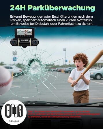 Відеореєстратор LAMTTO 360° з 4 камерами: передня, задня, внутрішня + паркувальний монітор. 5G WiFi, APP-керування, IR нічне бачення, комплект для підключення до акумулятора, SD-карта 128GB.