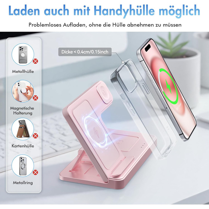 Бездротова зарядна станція 3-в-1 15W для iPhone 17 Pro Max/Plus, Apple Watch Ultra/SE, AirPods Pro (Рожева) A03