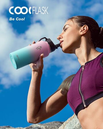Термопляшка Coolflask 2л з соломинкою та 3 кришками, нержавіюча сталь, для спорту та офісу, герметична (Bubble Gum, 946 мл)