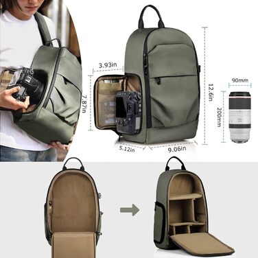 Сумка для камери на плечі, рюкзак для DSLR/SLR/беззеркальної камери, водонепроникний фоторюкзак з тримачем для штатива та знімними модулями (зелений)