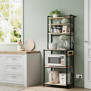 Кухонна полиця WOLTU з 6 ярусами, з розетками, для мікрохвильової печі, з металевим каркасом, регульовані полиці, Чорний+Рустикальний коричневий, 60 x 167 x 40 см