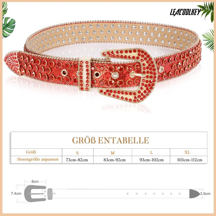 LEACOOLKEY Ремінь зі стразами для чоловіків та жінок, стильний вестерн ковбойський ремінь з пряжками, блискучий пояс для джинсів, штанів, суконь. Розмір S: 73-82 см (загальна довжина 105 см)