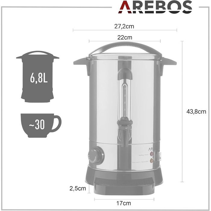 Arebos Glühwein Cooker 950 W | Hot Beverage Dispenser | 6.8 L | with drip tray, tap, thermostat, and overheat protection | Temperature setting from 30-110 °C | (Silver)