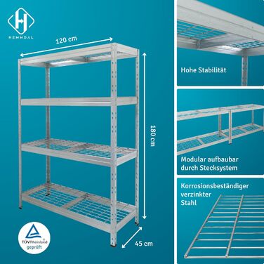 Вуличний металевий стелаж для важких вантажів, 1500 кг, 180x90x45 см, 5 полиць, оцинкована сталь, TÜV, регульовані полиці