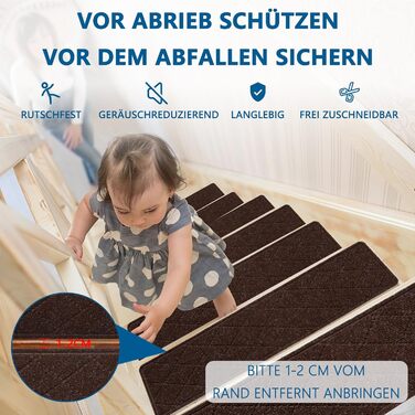 Килимок на сходи, антиковзаючий, 20x76 см (15 шт.), килим-прогун для сходів, багаторазовий клей для всіх чистих, гладких сходів, захисна килимова стрічка для дітей, (Коричневий)