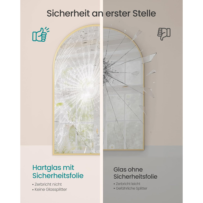 Дзеркало для ванної кімнати SONGMICS, настінне, з алюмінієвою рамою, 91 x 61 см, з захисною плівкою, 2 способи кріплення, для ванної, спальні, вітальні, LWM010BD01 (овальне, світло-золоте)