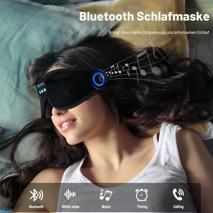 Маска для сну з Bluetooth навушниками 3D, бездротова маска для очей для комфортного сну на боці/спині, чорні навушники для сну