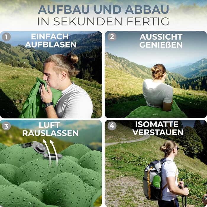 Надувний туристичний килимок Alpenwert ультралегкий, компактний, зелений – ізомат для кемпінгу, походів, подорожей