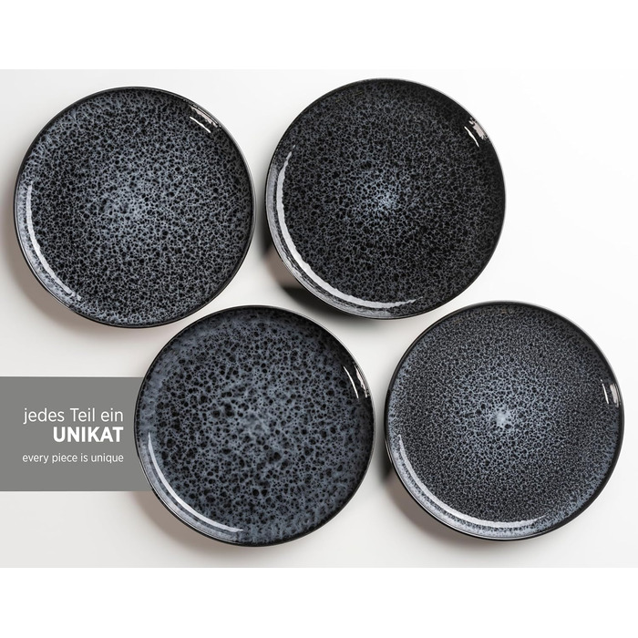 MÄSER Filippa: 16-частинний сервіз для 4 осіб з кераміки (16 предметів); тарілки, миски, чашки з реактивною глазур'ю чорного та сірого кольорів, порцеляна