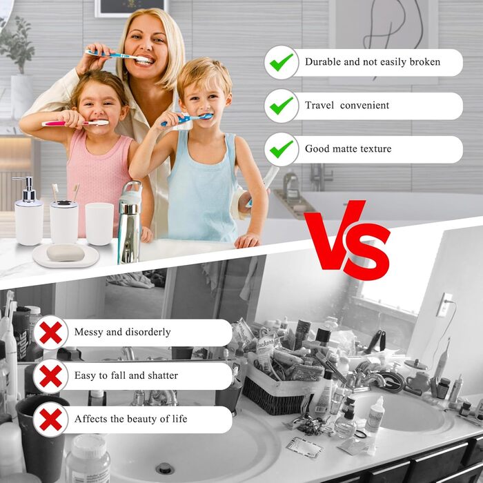 Набір аксесуарів для ванної кімнати (4 шт) з пластику: тримач для зубних щіток, стаканчик, дозатор мила, мильниця. Білий колір