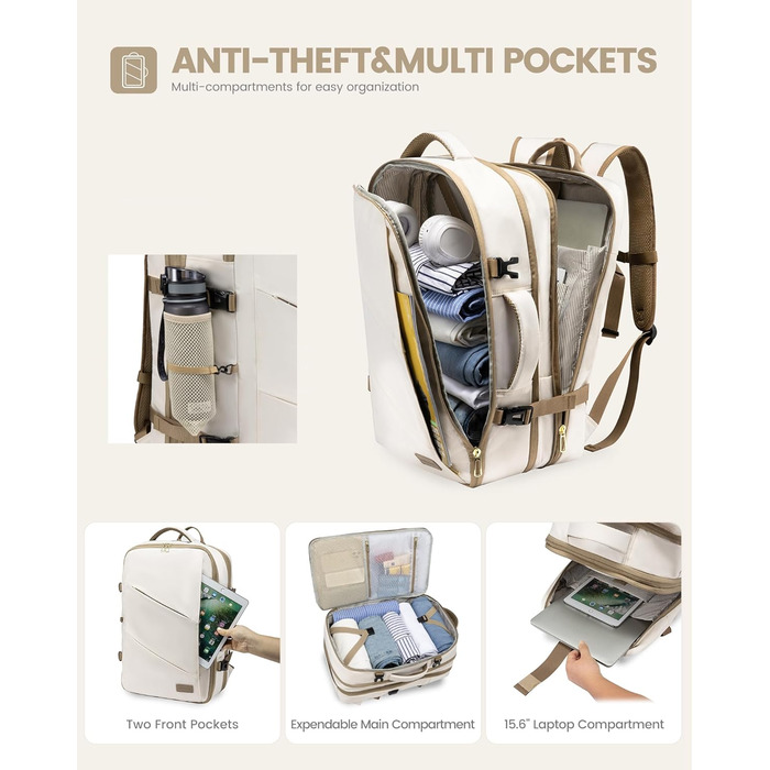 LOVEVOOK Рюкзак для ручної поклажі 30-40L, розширюваний, для ноутбука 17 дюймів, чорний, антикрадійний, чоловічий/жіночий