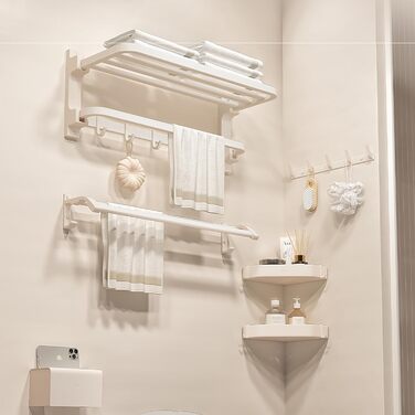 Тримач для рушників без свердління, матовий, самоклеючий, з 5 гачками, 58 см, алюміній (білий)