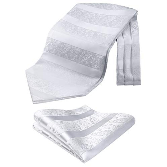 HISDERN Шовковий краватко-шарф чоловічий Paisley для весілля, Ascot, краватка-хустинка, білий, універсальний розмір. Комплект з кишеньковим хустинкою для бізнесу.