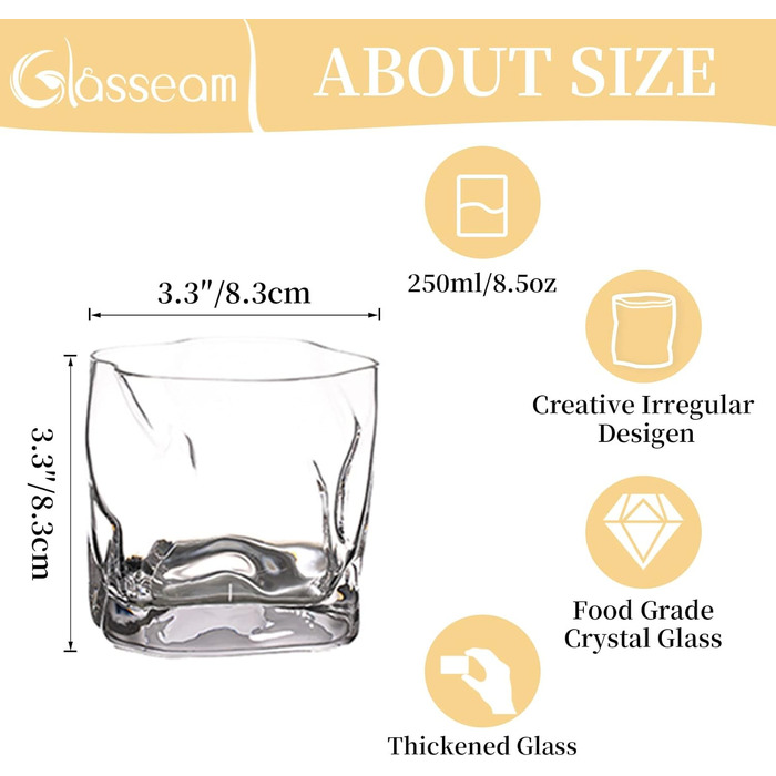 Набір склянок для віскі з нерівними гранями, 6 шт. Об'єм 250 мл. Стильні келихи для скотчу, бурбону, рому. Ідеальний подарунок для тата, чоловіка, друзів. Прозорі скляні келихи для бару.