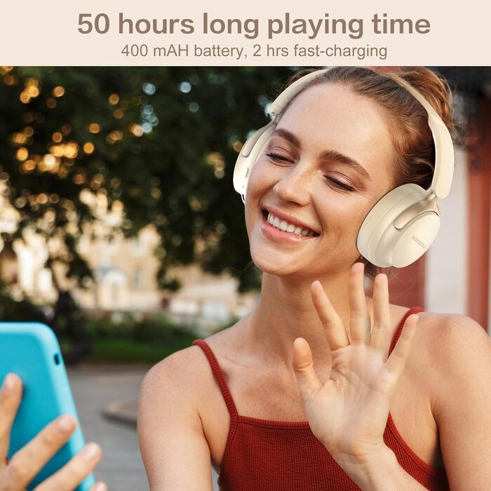 RORSOU B8 Бездротові навушники Over-Ear Bluetooth з мікрофоном, 6 режимів EQ, 50 годин роботи, глибокий бас, Hi-Fi стерео, для iPad/Tablet/PC (Бежево-Білий)