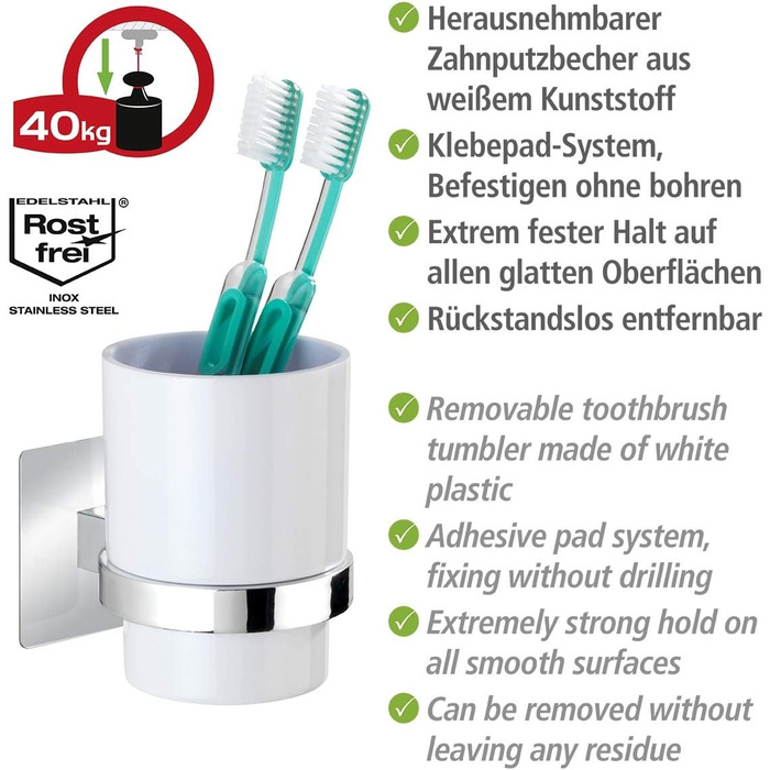 WENKO Turbo-Loc® WC-Garnitur Quadro - WC brush holder, 9.5 x 35.5 x 12 cm, Chrome & Turbo-Loc® toothbrush cup Quadro - toothbrush holder for toothbrush and toothpaste, 7 x 10 x 9.5 cm, Chrome