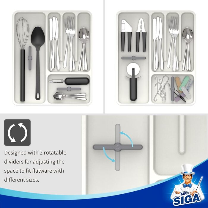 MR.SIGA Expandable Cutlery Box for Drawers, Utensil Holder Kitchen, Adjustable Cutlery Organizer for Cutlery, Kitchen Gadgets and Cooking Accessories, White & Grey