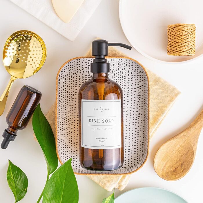 2-Pack Soap Dispenser Set for the Kitchen with Stainless Steel Pump, Amber Glass, 475ml, Hand Soap Dispenser for the Bathroom, Dish Soap Dispenser for the Kitchen with Waterproof Labels