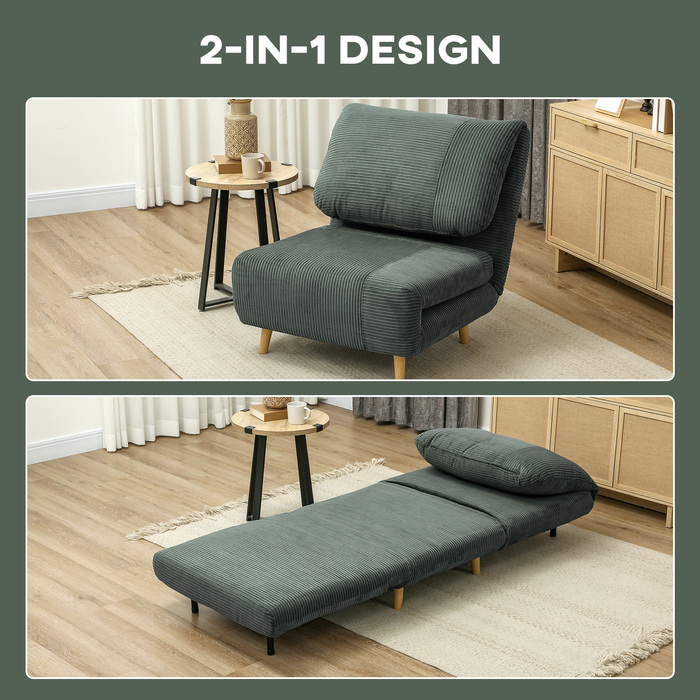 HOMCOM 2-in-1 Sleeper Sofa, Convertible Futon, Adjustable Folding Mattress Guest Bed with Corduroy Look, for Bedroom, Living Room, Green 82 x 89 x 83 cm | Aosom