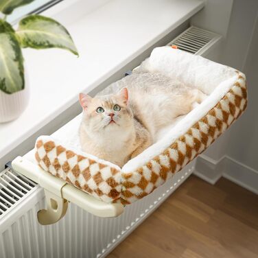 MEWOOFUN Cat Hammock Window Cat Bed Window Sill for Cats - 50x36cm Cat Bed for Radiator Cat Hammock with Soft Bed, Removable Suction Cup Free, Holds 18kg (Brown L - with Bed)