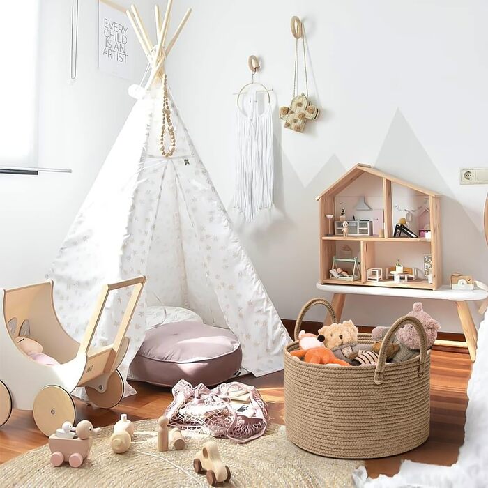 Rieeyrslza Laundry Basket for Blankets 32L Woven Laundry Collector Cotton Rope Basket Foldable Versatile Storage Basket with Handles Suitable for Living Room and Bedroom (Jute)