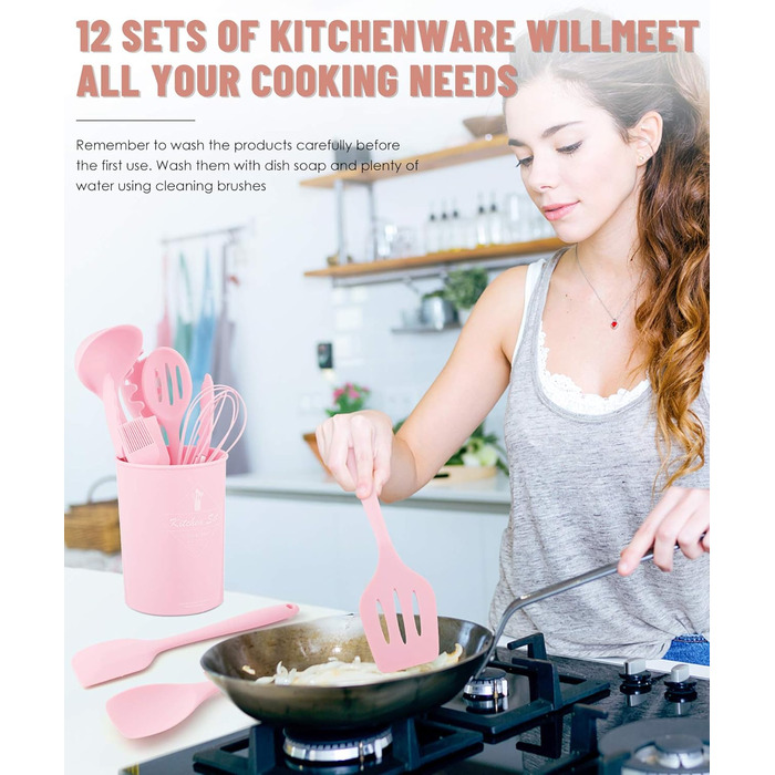 Набір кухонних аксесуарів з силікону, 12 шт., BPA-free, для антипригарного посуду, зелений (рожевий)