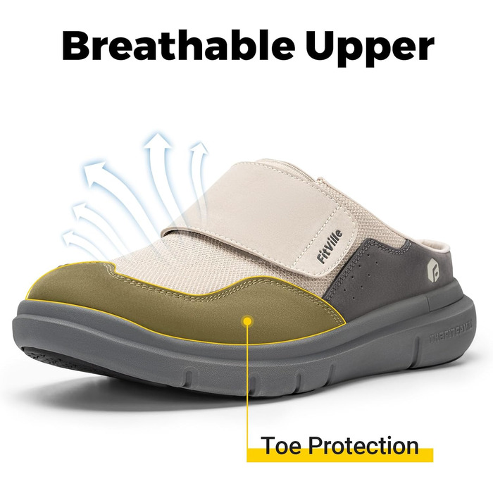 Домашні тапочки для чоловіків FitVille з широкою колодкою, з застібкою на липучці, з підтримкою склепіння стопи, розмір 41-50, бежевий, сірий