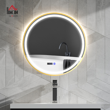 HOMCOM Round Bathroom Mirror with LED Lights, Anti-Fog Function, Touch Controls, and Display