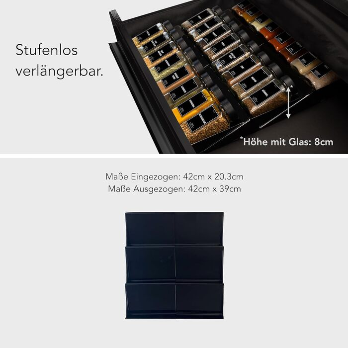 Spice Jars with Rack [24 x 120ml] including 300 Spice Labels [DE] - Spice Rack with Jars - Spice Organizer Drawer - Spice Rack Drawer with Jars Spice Rack System Black