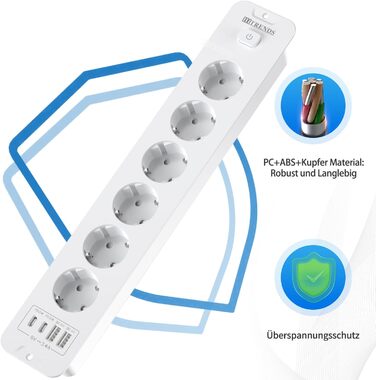 Мережевий фільтр 6-фазовий з USB-портами (4 USB-A, 2 USB-C), з вимикачем, білий, PD 20W