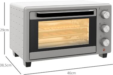 Міні-піч HOMCOM 21 л, 1400 Вт, 100-230°C, таймер, дека для крихт, дека для випічки, решітка-гриль, скло, для піци, кремово-білий (сріблястий)