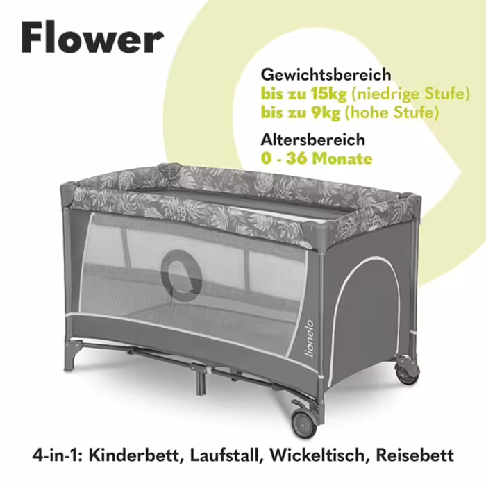 Lionelo Flower 4in1 Travel Cot Baby, Playpen Baby with Side Entrance, Changing Table, Two Mattress Suspension Heights, Play Arch with Figures, Wheels, Carry Bag 1 Piece (1 Pack) Light Grey